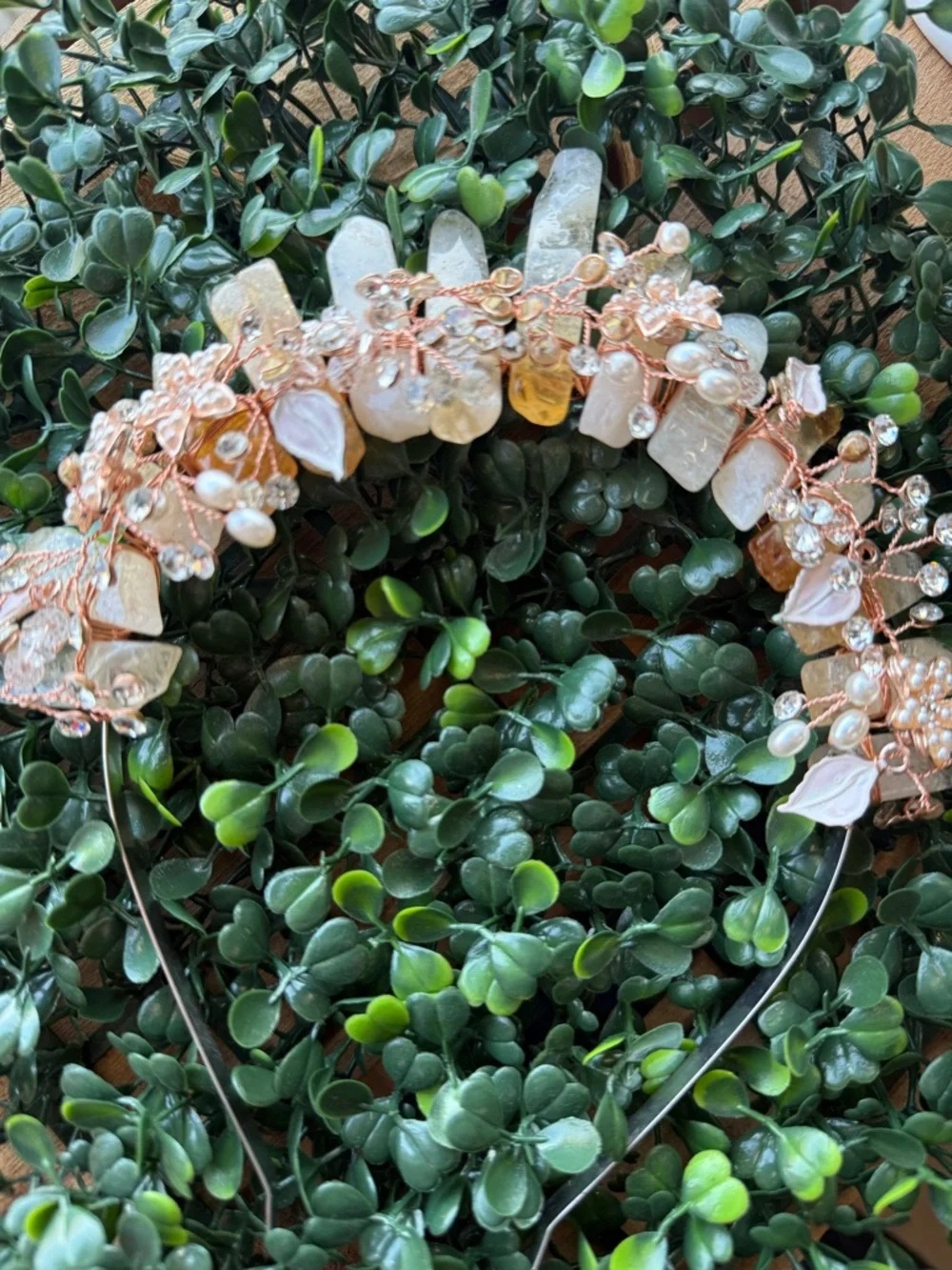 Crystal Crown Headband Rose Gold Wire Wrapped Quartz, Pearl & Rhinestone Tiara